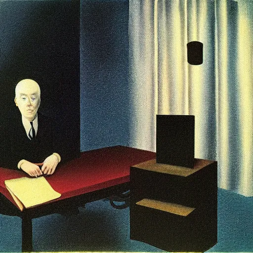 Image similar to surrealist painting of Bo Burnham with a beard sit in a almost dark room alone by Magritte, Dali, Andre Breton and Max Ernst