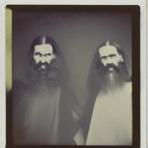 Image similar to trail _ camera _ photo _ of _ a _ breaton monks looking like rasputin with some ghost and spirits _ realistic _ spooky _ grimdark _ night _ black _ and _ white, polaroid