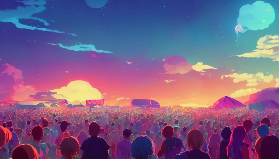 Image similar to A highly detailed digital art painting of a music festival with a bright shimmering sky by Studio Ghibli, Mokoto Shinkai, by Artgerm, by beeple, volumetric lighting, octane render, 4K resolution, trending on artstation, vivid colours