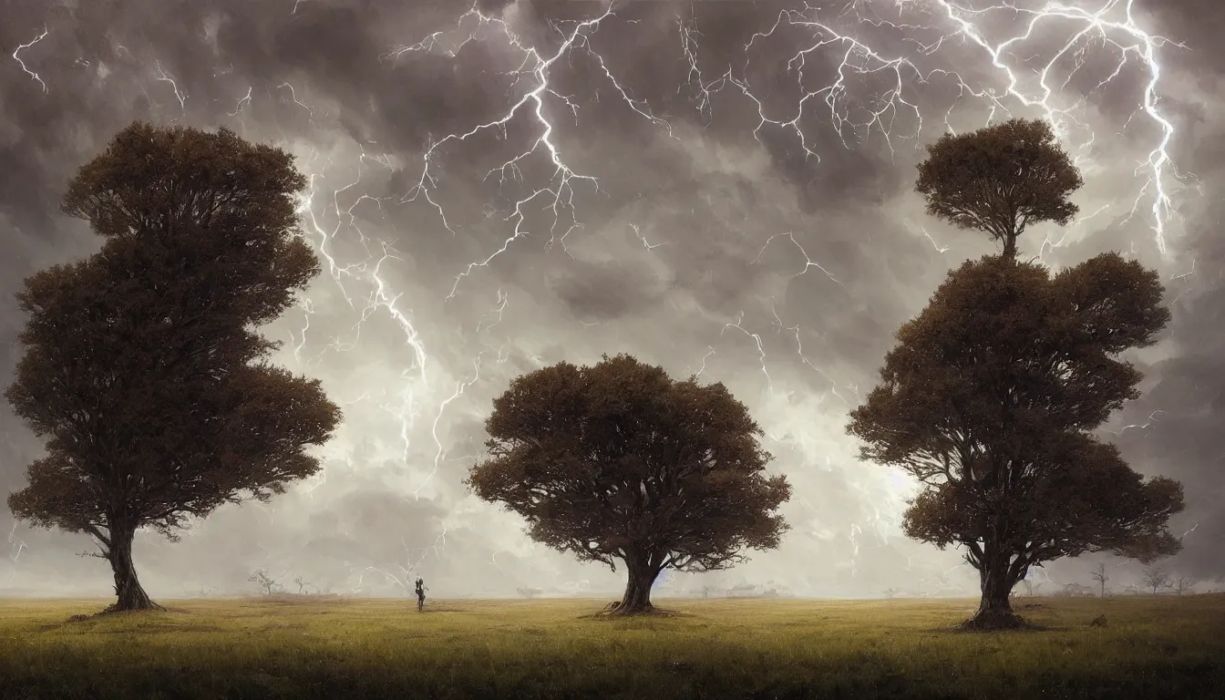 Prompt: a highly detailed epic cinematic concept art CG render digital painting artwork: Lone tree in lightning storm. By Greg Rutkowski, in the style of Francis Bacon and Syd Mead and Norman Rockwell and Beksinski, open ceiling, highly detailed, painted by Francis Bacon and Edward Hopper, painted by James Gilleard, surrealism, airbrush, Ilya Kuvshinov, WLOP, Stanley Artgerm, very coherent, triadic color scheme, art by Takato Yamamoto and James Jean