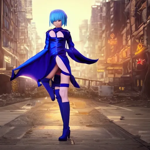 Prompt: breathtaking 3D render of an attractive young asian elf woman with pointy ears and blue hair, wearing a miniskirt and knee-high boots, crouching in an endlessly sprawling hazy abandoned city at night, Octane render, 8K