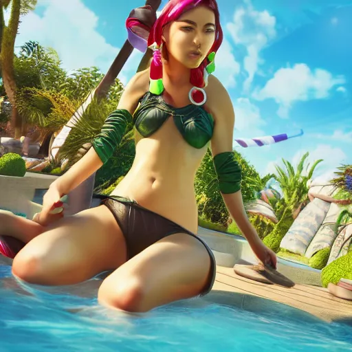 Image similar to pool party Akali catching the Hawaiian sun (League of Legends). 3d render, octane render, iRay, ray tracing, realistic, highly detailed, trending on artstation, 4k, cgsociety, unreal engine 5, redshift render, blender cycles, behance, cg