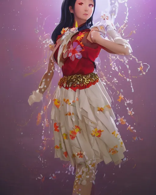 Prompt: studio photo portrait of Misato Katsuragi from Neon Genesis Evangelion wearing floral garlands over her traditional dress. full height portrait of Misato as a slavic pagan priestess wearing traditional pagan dress adorned with golden tiara, concept art by Greg Rutkowski and James Dean and Ross Tran, ultrarealistic octane render, 8k, rtx on, trending on ArtStation