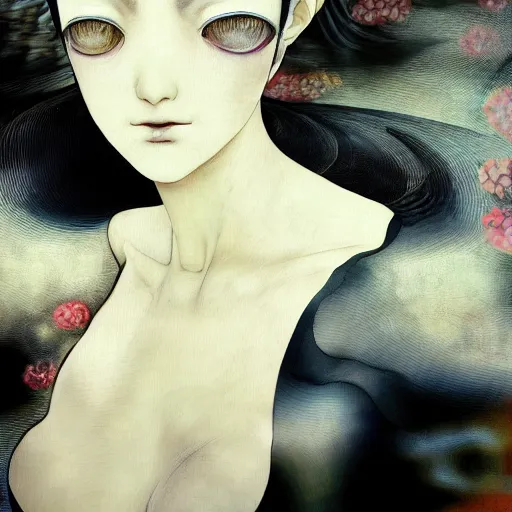 Image similar to yoshitaka amano blurred and dreamy realistic illustration of a woman with black eyes and white hair wearing dress suit with tie, junji ito abstract patterns in the background, satoshi kon anime, noisy film grain effect, highly detailed, renaissance oil painting, weird portrait angle, blurred lost edges, three quarter view