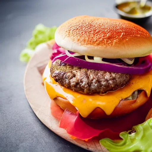 Image similar to a delicious cheeseburger, food photography