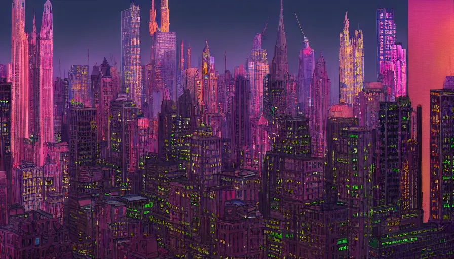 Prompt: view of neo - gothic new york city with neons decorating buildings from hudson river, hyperdetailed, artstation, cgsociety, 8 k