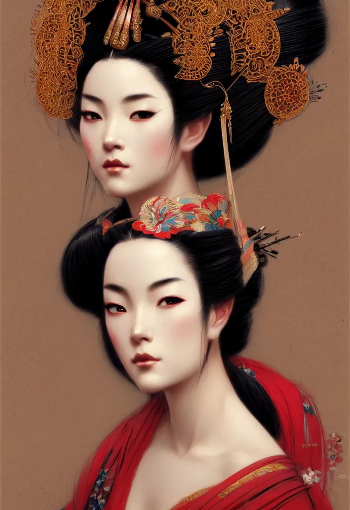 Prompt: Gorgeous geisha wearing headdress, make-up, intricate, elegant, highly detailed, artstation, concept art, smooth, sharp focus, illustration, art by and Greg Rutkowski and orientalism and Bouguereau