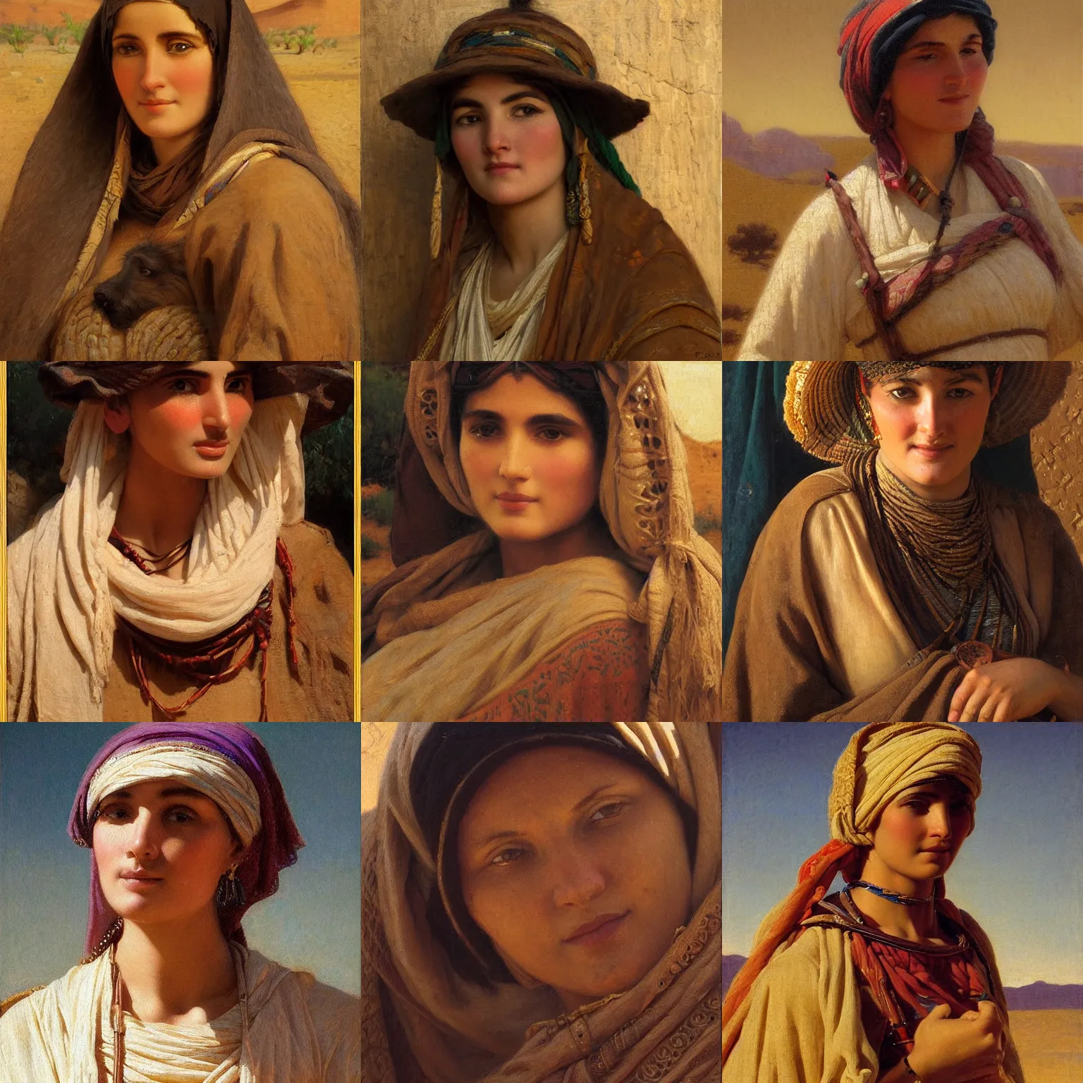 Prompt: orientalism wholesome cute herder woman in the desert face detail by edwin longsden long and theodore ralli and nasreddine dinet and adam styka, masterful intricate artwork. oil on canvas, excellent lighting, high detail 8 k