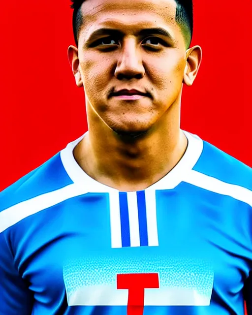 Image similar to portrait Anime Alexis Sanchez; white football shirt, Marseille beach in background || anime, manga cute-fine-face, pretty face, realistic shaded Perfect face, fine details. Anime. realistic shaded lighting by Katsuhiro, Otomo