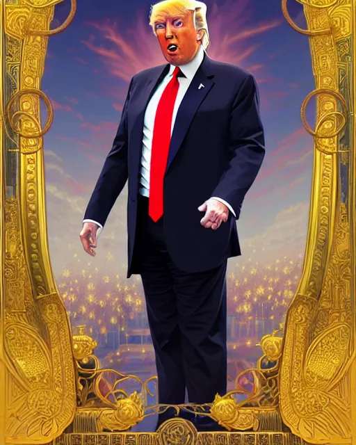 Image similar to symmetry!!!!!! beautiful donald trump anime summer president close portrait, wearing ornate clothing, ultra detailed, elegant, intricate, anime, dynamic lighting, dnd, glowing lights, digital art, digital painting, artstation, wlop, sharp focus, illustration, art by artgerm and greg rutkowski and alphonse mucha, 8 k