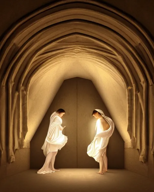 Image similar to inside a tomb, light coming in from the left, 2 angels with wings, 3 women in robes, fibonacci, by artgerm, caravaggio, craig mullins