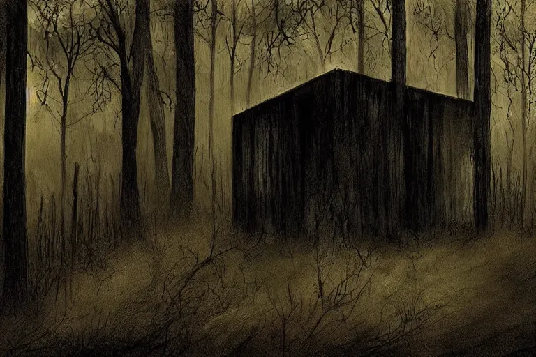 Image similar to mad horror painting of a cabine in the woods by ben templesmith