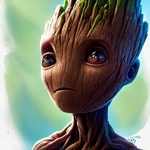 Prompt: Cute Elven baby Groot by Greg Rutkowski and Pixar, asymmetrical, Organic Painting , Matte Painting, geometric shapes, hard edges, street art, trending on the artstation, realistic:2 by Sachin Teng:4