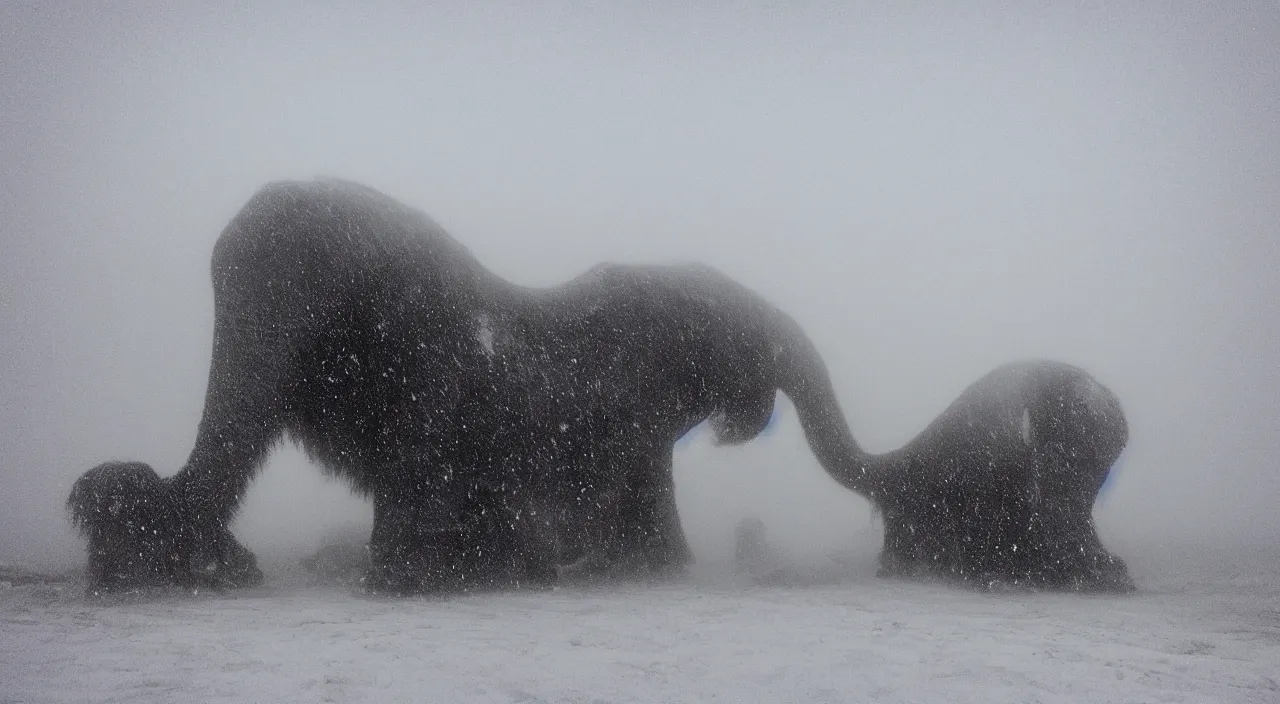 Image similar to “photo of one biomechanical mammoth in an arctic storm with some fog and blizzard, the mammoth drags old gigantic coal wagons with snow, it's a sunset photo with cold tones, some people around ”