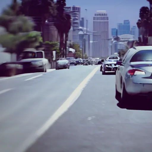 Image similar to film still of 'Los Angeles Robot Future' (2045). Car chase scene. Sigma 85mm f/8