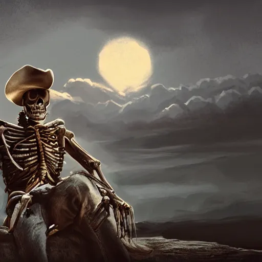 Image similar to a wounded skeleton cowboy in a long coat watching a sunset, concept art, DeviantArt, art station, illustration, highly detailed, artwork, cinematic, hyper realistic