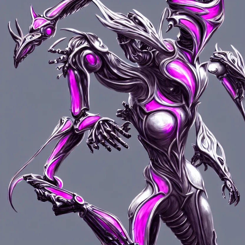 Image similar to highly detailed exquisite fanart, of a beautiful female warframe, but as an anthropomorphic elegant robot dragon, shiny white silver plated armor engraved, robot dragon head, Fuchsia skin beneath the armor, sharp claws, long tail, robot dragon hands and feet, two arms and legs, elegant pose, close-up shot, full body shot, epic cinematic shot, professional digital art, high end digital art, singular, realistic, DeviantArt, artstation, Furaffinity, 8k HD render, epic lighting, depth of field