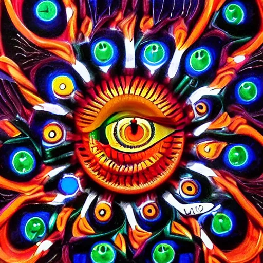 Image similar to A beautiful kinetic sculpture a large eye that is looking directly at the viewer. The eye is composed of a myriad of colors and patterns, and it is surrounded by smaller eyes. The smaller eyes appear to be in a state of hypnosis, and they are looking in different directions. mexican muralism, blood orange by Diego Velázquez somber, daring