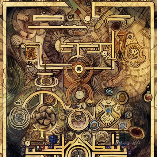 Image similar to amazing maze labyrinth steampunk style by albert gleizes and by hilma klint, hd, artstation, alive colors