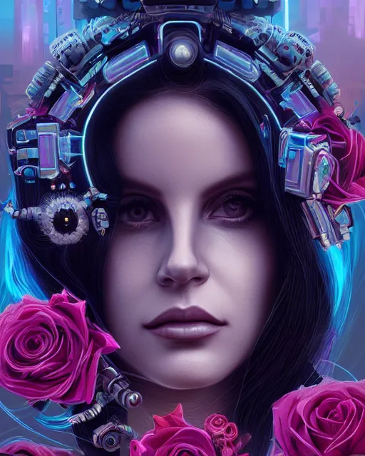 Image similar to portrait of lana del rey as a cyberpunk cyborg. roses, sci - fi, missing panels, intricate abstract, upper body, intricate artwork, by tooth wu, wlop, beeple, dan mumford. concept art, 8 k octane render, deviantart, greg rutkowski, cinematic, key art, hyperrealism, iridescent accents