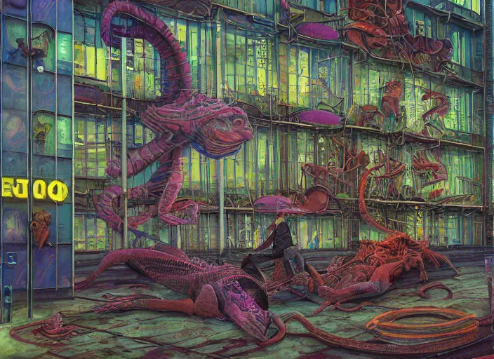 Image similar to reptile people exterior parking garage, bright cyberpunk neon, in the style of jeremy enecio, intricate, miles johnston, monet, cynical realism, john william godward, painterly, yoshitaka amano, miles johnston, louise zhang, pekka halonen, finnish naturalism, realism