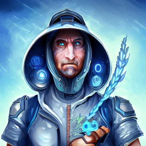 Image similar to Futuristic farmer portrait, deep blue eyes, radiant light, in the style of WLOP and tony sart