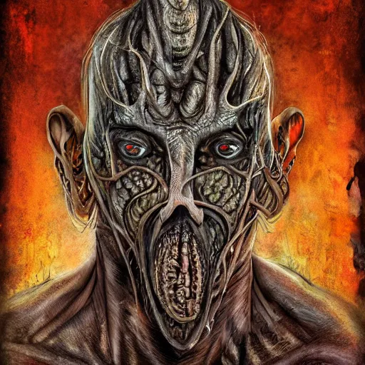 Prompt: bodyhorror portrait of ramzan kadyrov who became an ugly lovecraftian monstrosity, photo - realistic, color image, 2 k, highly detailed, horror, by giger