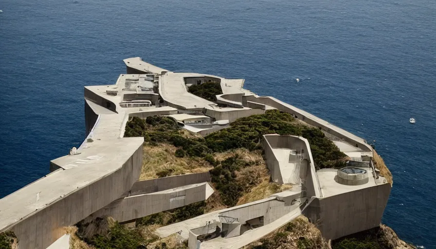 Image similar to big military base perched on a cliff overlooking a magnificient bay, laboratory, drawing architecture, science fiction, pritzker architecture prize, greig fraser