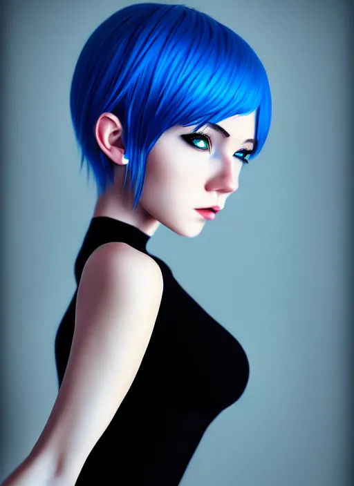 Image similar to hyper realistic photograph portrait of pretty girl with blue hair, wearing a little black dress, dramatic lighting by ilya kuvshinov