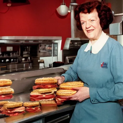 Image similar to color photo of julia child working at burger king