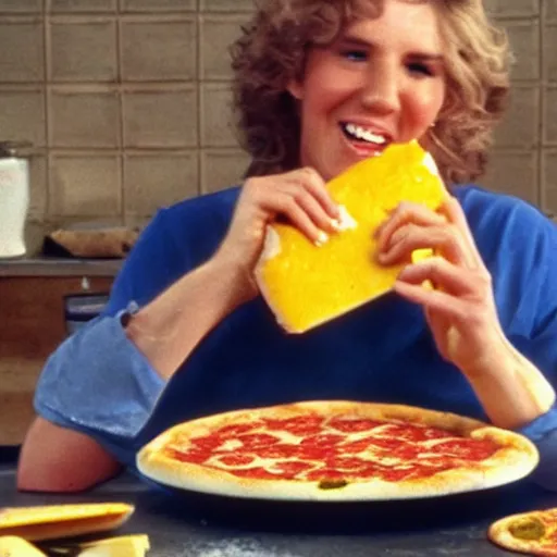 Image similar to a still from a pizza commercial, cheese stretches off a slice 1 9 8 0 s