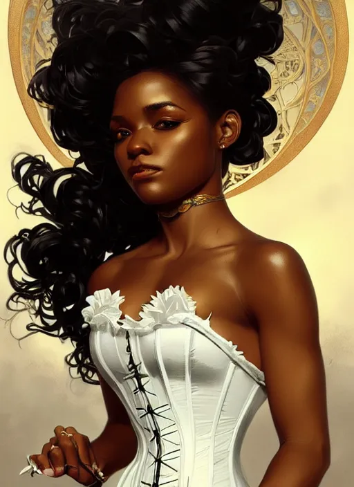 Image similar to cute black woman wearing a white corset dress, fantasy, intricate, highly detailed, digital painting, artstation, concept art, wallpaper, smooth, sharp focus, illustration, art by artgerm and greg rutkowski and alphonse mucha