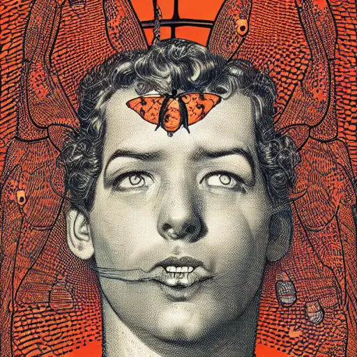 Image similar to a guy, face covered in moths, small details, by virgil finlay, by kilian eng,