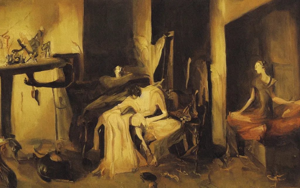 Prompt: a painting of nightmare in a room, by vilhelms purvitis, oil on canvas