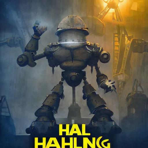 Image similar to Hall of the Machine King video game poster, large robots and man with yellow safety hardhat fighting them, stress level zero, VR game, high quality, high quality artwork, digital art, cinematic, desolate, epic