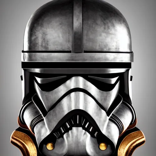Image similar to bust portrait of a knight, high detail, silver, cobalt, copper, steel, helmet, ornate decoration, gold trim, storm trooper, tubes, pipes, valves, clock work, diffused lighting, runic etching, nordic runes, mandalorian, darth revan, star wars, octane, unreal 5