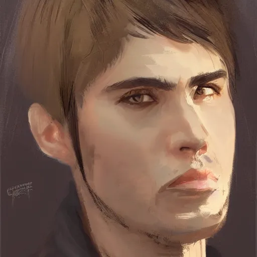 Image similar to Portrait of a man by Greg Rutkowski, he is about 30 years old, short black hair with bangs, his features are a mix between French, Turkish and Russian and he is wearing a beige and black utility jumpsuit, highly detailed portrait, digital painting, artstation, concept art, smooth, sharp foccus ilustration, Artstation HQ.