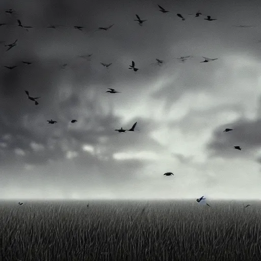Image similar to A field full of crows, dark sky, trending on artstation.