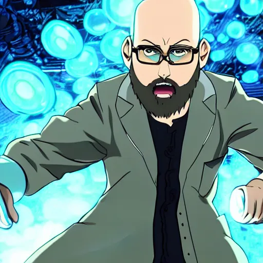 Image similar to The bald mad scientist with beard in the white lab coat has a glowing shield of bioluminescent armor protecting him during the battle. Action photo. Highly stylized. Anime.