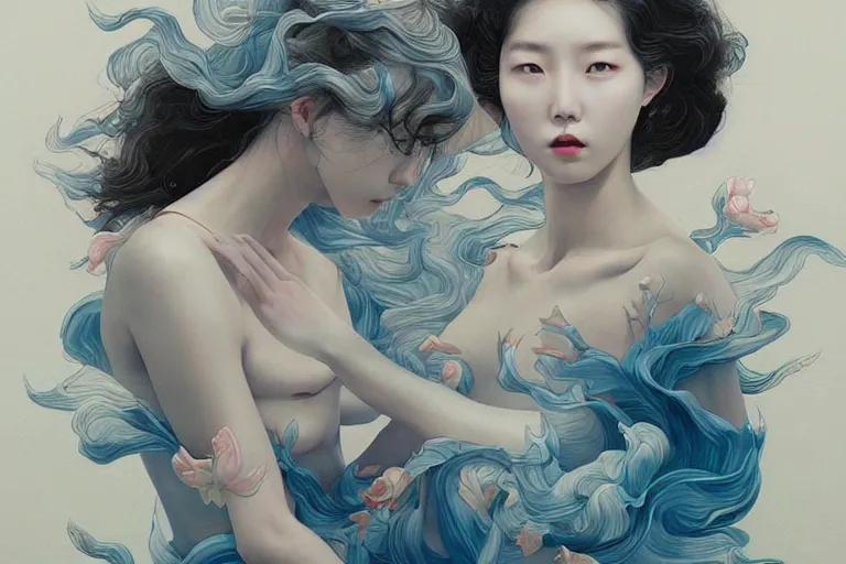 Prompt: Lee Jin-Eun by James Jean, rule of thirds, seductive look, beautiful, in flowy multiversal electrifying waters