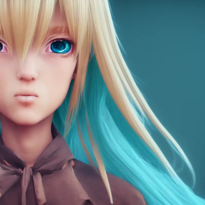 Image similar to coffee blond colored hair, teal pupils, symmetric facial structures, random background, bluish lighting, naturel, birthday, anime, rose suit, unreal engine 5 render, trending on artstation