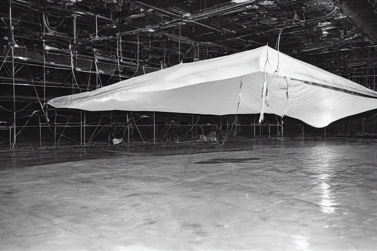 Prompt: photo of a floating alien spaceship in a top secret hanger under a large tarpaulin, tethered to the ground, flood lighting, military personnel surrounding.