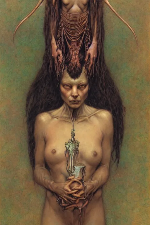 Image similar to a portrait of oya by wayne barlowe, gustav moreau, goward,  Gaston Bussiere and roberto ferri, santiago caruso, and austin osman spare, ((((occult art))))