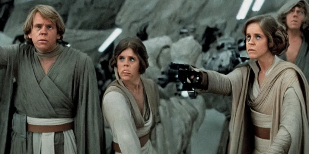 Image similar to screenshot from unreleased Star Wars film, Jedi Luke Skywalker played by Mark Hammil teaches Princess Leia the ways of the force, they stand in a jedi Temple, 1970s film by Stanely Kubrick film, color kodak, Ektachrome, anamorphic lenses, detailed faces, hyper-realistic, photoreal, detailed portrait, moody cinematography, strange lighting