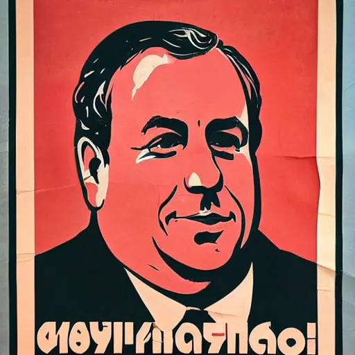 Image similar to chris christie. soviet propaganda poster. soviet realism. monochromatic red. cheap printing, fading ink, torn edges