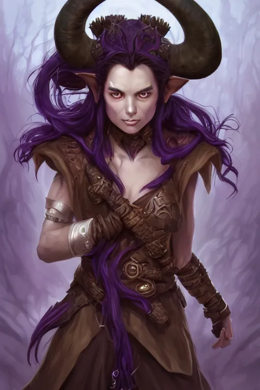 Prompt: Tiefling Druid with horns, light leather armor, nature, tree staff, long horns ,demon tail light-brown skin, dark purple hair, and silver eyes full body, dungeons and dragons portrait, highly detailed, digital painting, artstation, concept art, sharp focus, illustration, art by artgerm and greg rutkowski and alphonse mucha