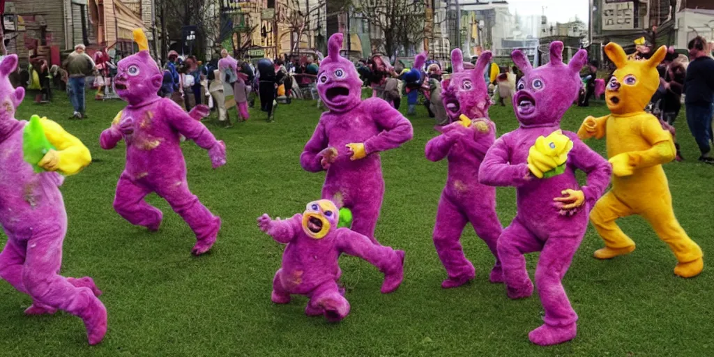 Image similar to zombie teletubbies attacking people