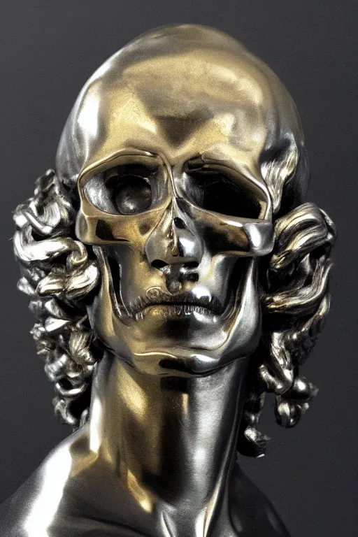 Image similar to opened head showing part of the silver skull sculpture by bernini and hedi xandt made with black marble with partial gold plating, realistic