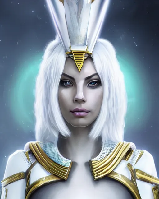 Image similar to perfect white haired attractive egyptian goddess, warframe armor, pharaoh headdress, beautiful, symmetric, dreamy, half asian, pretty face, green eyes, charlize theron, detailed, scifi platform, laboratory, experiment, 4 k, ultra realistic, epic lighting, android body, illuminated, cinematic, masterpiece, art by akihito tsukushi, voidstar