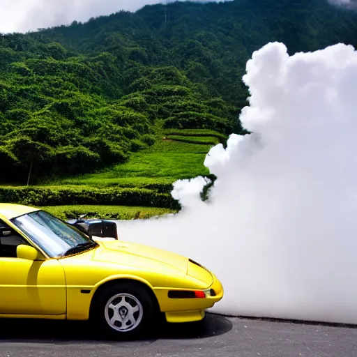 Image similar to Yellow 1993 Mazda RX7 drifting through quindio\'s mountains with a cloud of white smoke coming out of the rear tires, photography, 8k